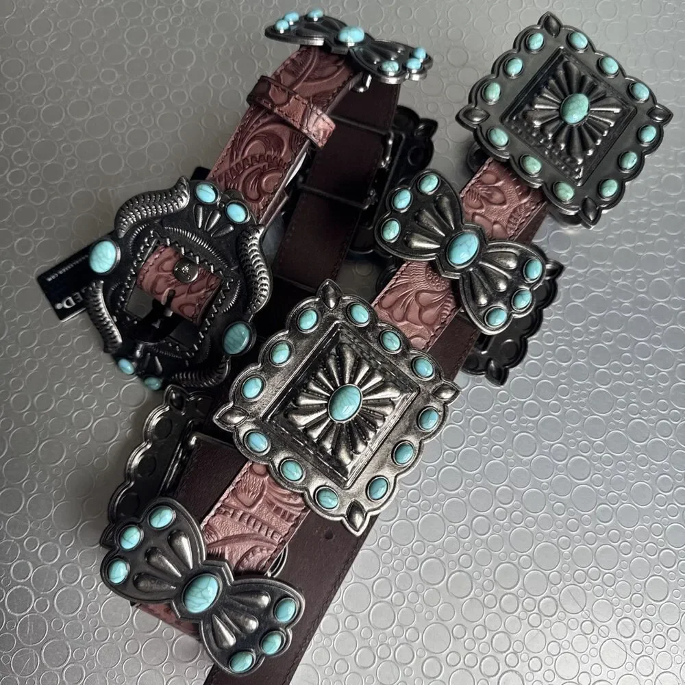 NWT Lucky & Blessed Turquoise Concho Tool Leather Belt - S Runs Bigger Dust Bag